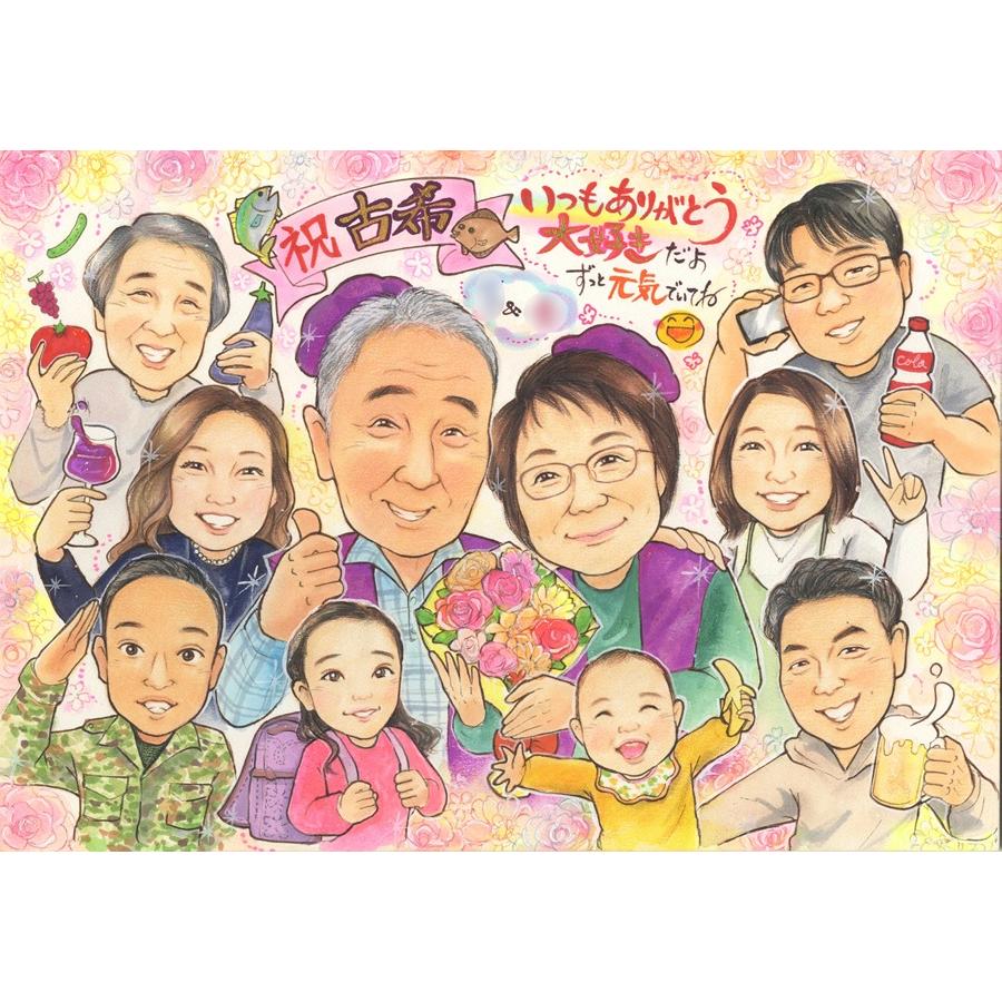 古希 お祝い 似顔絵 70歳 プレゼント 紫 ちゃんちゃんこ 家族 集合写真 ギフト 父 母 両親 祖父 祖母 贈り物 似てる そっくり 満足保証 修正無料 下書き確認 額縁付き ラッピング無料 喜寿 傘寿 米寿 卒寿 白寿 長寿祝い 誕生日 手描き 大人数 記念品 サプライズ イベント