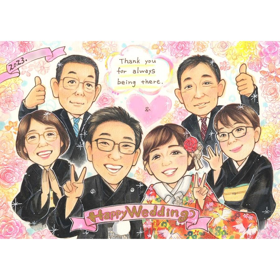 結婚祝い 似顔絵 プレゼント ウェディングボード サンクスボード 両親 贈呈品 写真から描く 挙式 披露宴 記念日 ギフト メッセージ 名入れ オーダーメイド 額縁付き ラッピング無料 手描き 修正無料 下書き確認 満足保証 似てる そっくり 和装 着物 家族