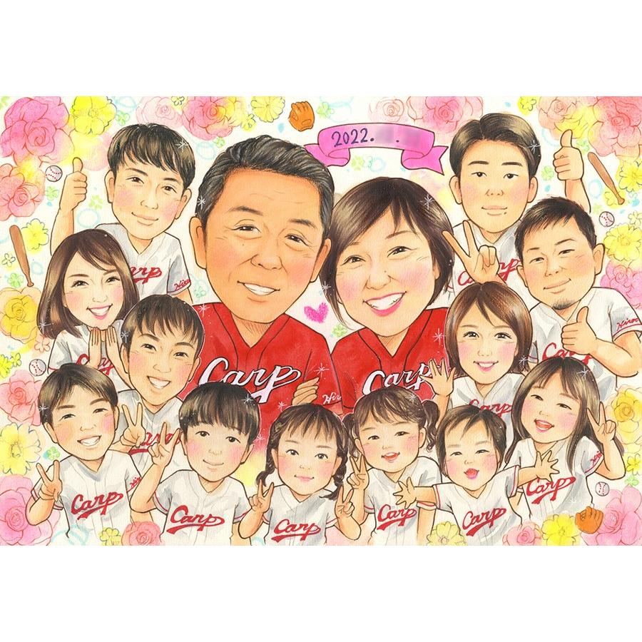 結婚記念 お祝い 似顔絵 プレゼント 夫婦 大人数 家族 野球 手描き 下書き確認 修正無料 無料額縁付き ラッピング無料 安心 そっくり 実績多数 記念日 感謝 子供 孫 スポーツ ユニフォーム