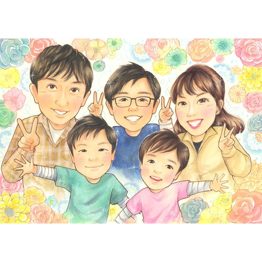 似顔絵 家族 5人 誕生日 プレゼント 額縁付き ラッピング無料 子供 3人 写真から お祝い 似てる そっくり 手書き 修正無料 下書き確認 満足保証 記念品 記念 贈り物 ギフト じいじ ばあば 両親 父 母 描き込み 制作 納期 厳守 実績 多数 大人数 依頼 色紙 サイズ