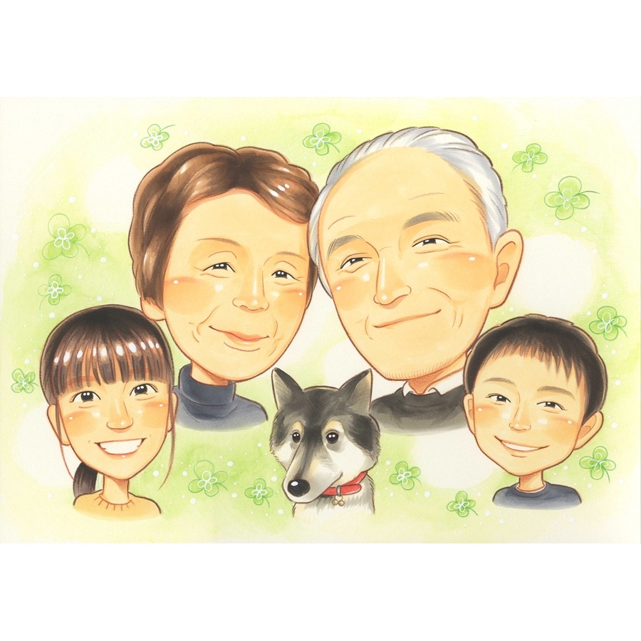 似顔絵 プレゼント 家族集合 ご両親 記念品 名前入り ペット 犬 家族似顔絵 写真から作成 手描き似顔絵 サプライズ贈り物 誕生日 記念日 お祝いギフト お孫さん 家族記念 修正無料 下書き確認 額縁無料 ラッピング無料 安心制作 喜ばれる贈り物