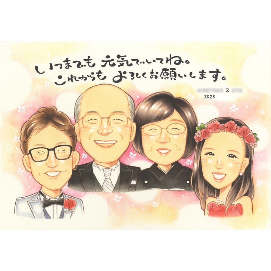 似顔絵 プレゼント 結婚式 両親 贈呈品 お祝い 贈り物 感謝状 サンクスボード ギフト ウェディング ブライダル 挙式 披露宴 親ギフト 写真から 手描き 似てる そっくり 修正無料 下書き確認 満足保証 額縁無料 ラッピング込 配送指定 納期厳守 還暦 古希 喜寿 傘寿 米寿 卒寿