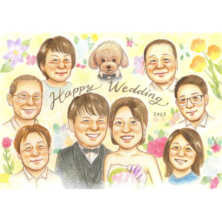 ウェルカムボード 似顔絵 手描き 水彩 結婚式 大人数 新郎新婦 ペット 両親贈呈品 結婚祝い プレゼント ギフト オーダーメイド 修正無料 下書き確認 額縁付き ラッピング そっくり 犬 猫 サプライズ 記念品 誕生日 記念日 家族 ウェディング