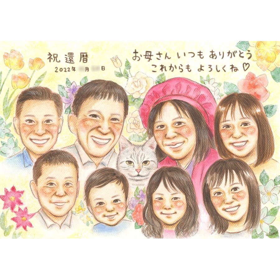 母 プレゼント 似顔絵 還暦祝い 長寿祝い 家族似顔絵 お母さん 感動プレゼント 家族集合 孫から贈る 記念日ギフト ペット似顔絵 手描き似顔絵 そっくり 実績多数 下書き確認 修正無料 満足保証 喜ばれる