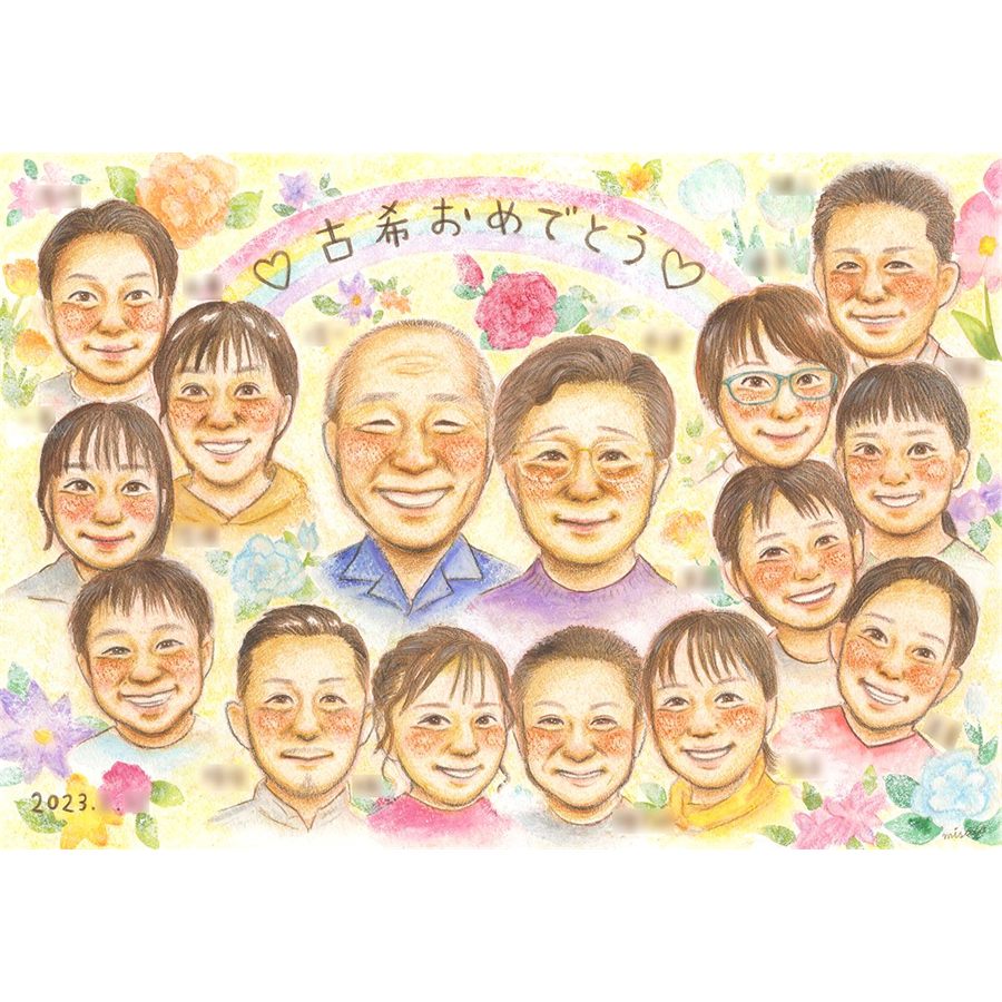 古希 お祝い 似顔絵 70歳 プレゼント 祖父 祖母 両親 喜寿 傘寿 米寿 卒寿 白寿 百寿 還暦 長寿 祝い 贈り物 ギフト 家族 似顔絵作成 大人数 描く 似てる そっくり 手描き 手書き 下書き確認 修正無料 納得保証 額縁付属 ラッピング 満足保証 納期厳守 誕生日 記念日 敬老