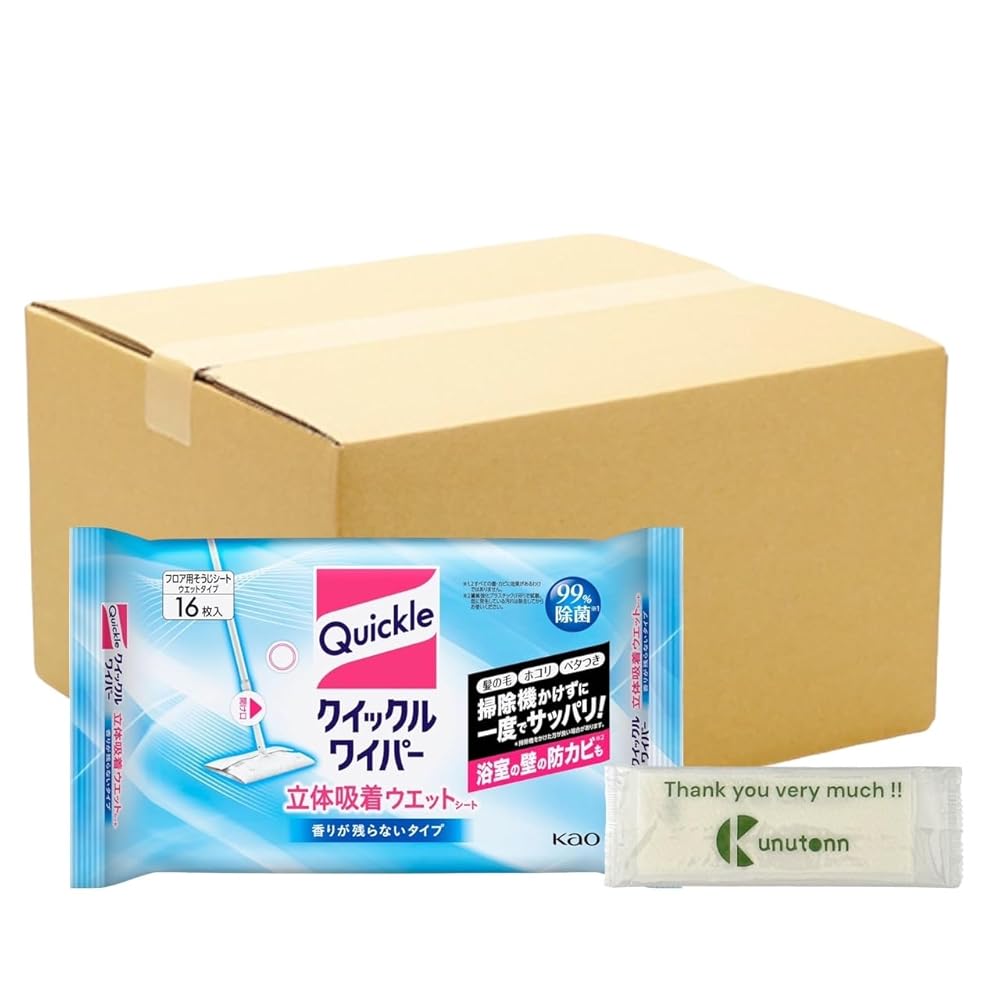 花王 クイックルワイパー フロア用掃除道具 立体吸着ウェットシート 16枚+ Kunutonnオリジナルロゴ入りeおまけ付