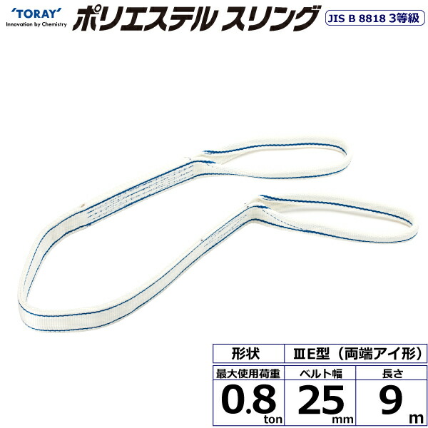 東レインターナショナル ポリエステルスリング PET3E 両端アイ形 0.8ton 幅25mm 長さ9m (40785)| トラック 吊具 スリングベルト 荷吊りベルト ロープ 運搬 バンド 玉掛け 荷役 吊り上げ 持ち上げ ベルトスリング 運搬ベルト 工事 工具 林業 道具 ナイロンスリング |