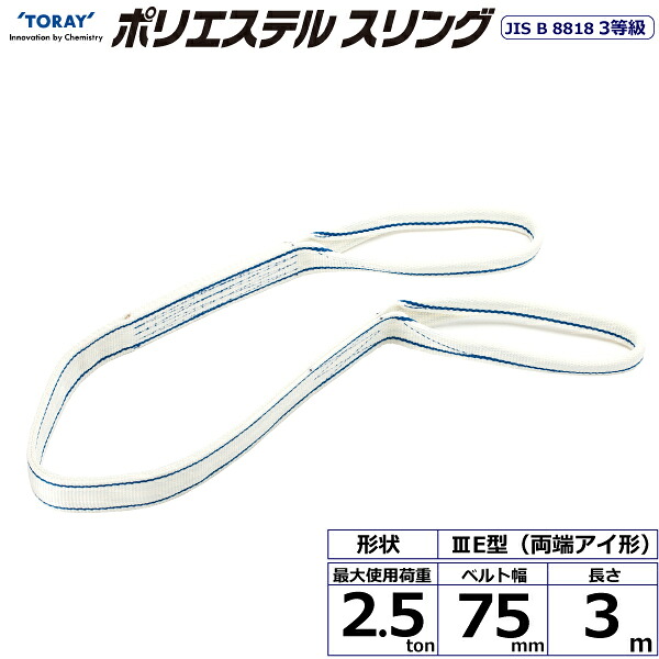東レインターナショナル ポリエステルスリング PET3E 両端アイ形 2.5ton 幅75mm 長さ3m (40829)| トラック 吊具 スリングベルト 荷吊りベルト ロープ 運搬 バンド 玉掛け 荷役 吊り上げ 持ち上げ ベルトスリング 運搬ベルト 工事 工具 林業 道具 ナイロンスリング |