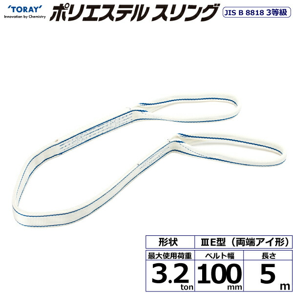 東レインターナショナル ポリエステルスリング PET3E 両端アイ形 3.2ton 幅100mm 長さ5m (40851)| トラック 吊具 スリングベルト 荷吊りベルト ロープ 運搬 バンド 玉掛け 荷役 吊り上げ 持ち上げ ベルトスリング 運搬ベルト 工事 工具 林業 道具 ナイロンスリング |