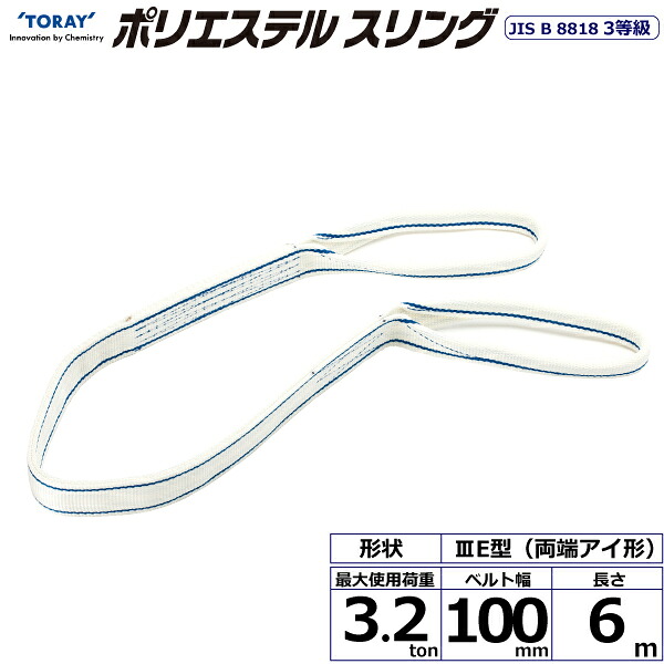 東レインターナショナル ポリエステルスリング PET3E 両端アイ形 3.2ton 幅100mm 長さ6m (40853)| トラック 吊具 スリングベルト 荷吊りベルト ロープ 運搬 バンド 玉掛け 荷役 吊り上げ 持ち上げ ベルトスリング 運搬ベルト 工事 工具 林業 道具 ナイロンスリング |