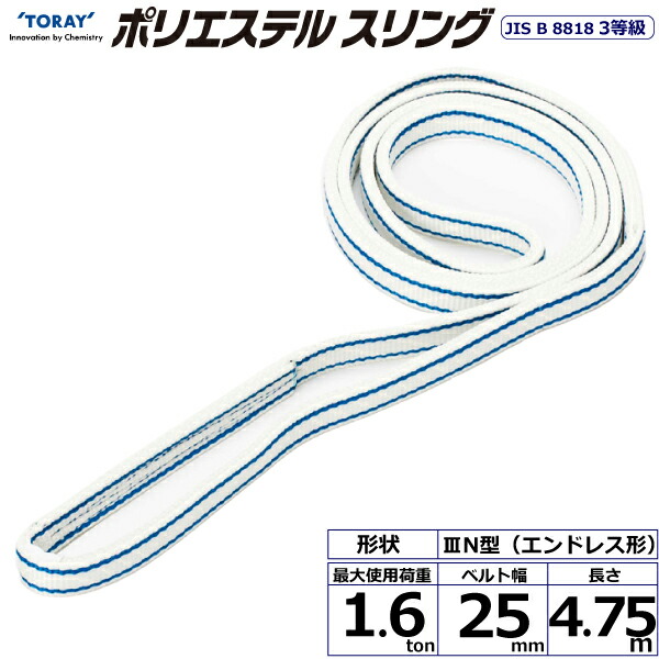 東レインターナショナル ポリエステルスリング PET3N エンドレス形 1.6ton 幅25mm 長さ4.75m (40879)| トラック 吊具 スリングベルト 荷吊りベルト ロープ 運搬 バンド 玉掛け 荷役 吊り上げ 持ち上げ ベルトスリング 運搬ベルト 工事 ナイロンスリング |