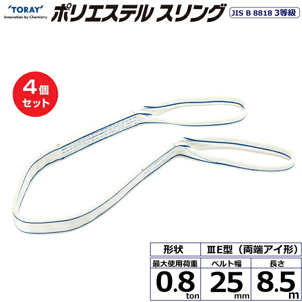 【まとめ買い】4個セット 東レインターナショナル ポリエステルスリング PET3E 両端アイ形 0.8ton 幅25mm 長さ8.5m (40784)| トラック 吊具 スリングベルト 荷吊りベルト ロープ 運搬 玉掛け 荷役 吊り上げ ベルトスリング 運搬ベルト 工事 工具 林業 道具 ナイロン |