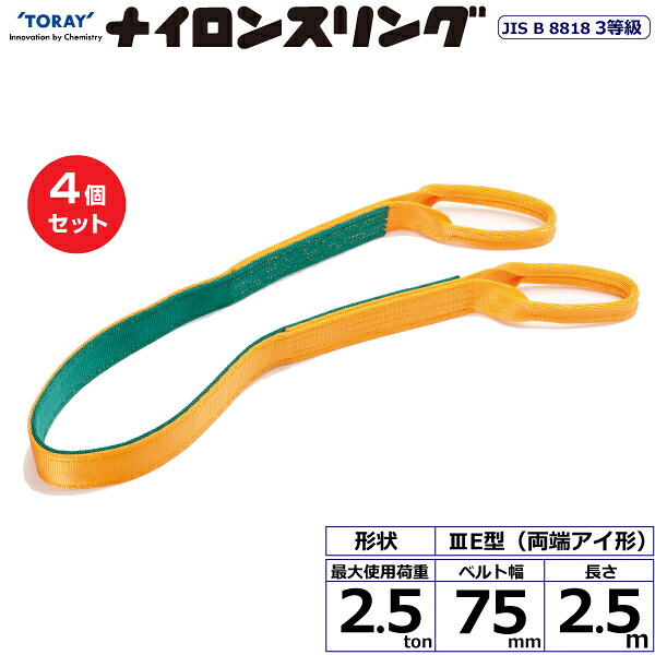 【まとめ買い】4個セット 東レインターナショナル ナイロンスリング N3E 両端アイ形 2.5ton 幅75mm 長さ2.5m (40993)| トラック 吊具 スリングベルト 荷吊りベルト ロープ 運搬 玉掛け 荷役 吊り上げ ベルトスリング 運搬ベルト 工事 工具 林業 道具 ナイロン |
