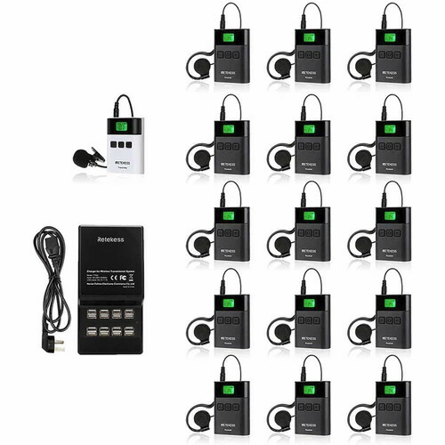 Retekess ツアーガイドシステム TT122 (一方向送信機×1台＆受信機×15台セット＋USB充電ベース) | ツアーガイド FMランスミッター レテケス 小型 コンパクト 案内 誘導用 現地ツアー マイク付 携帯便利 防災用 アウトドア 観光ガイド |