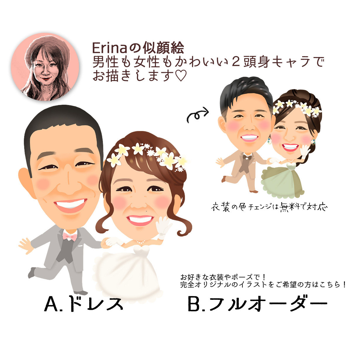 結婚祝い 金婚式 銀婚式 2名描き 時計 ココロクロック 似顔絵 プレゼント 作家erina 名入れ 結婚記念日記念品 Seiko メッセージ