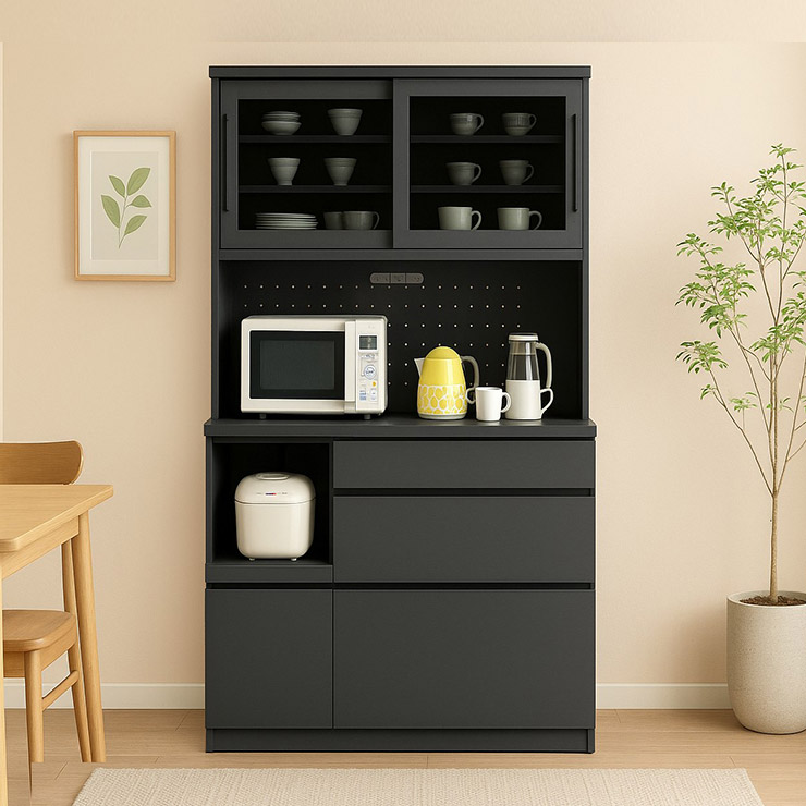 食器棚 完成品 大川家具 キッチンボード カップボード キッチン収納 ダイニングボード ダイニング シンプル おしゃれ ハイタイプ 幅100 アイアン モダン 引き戸 高級 収納 バレッタ 国産 日本製