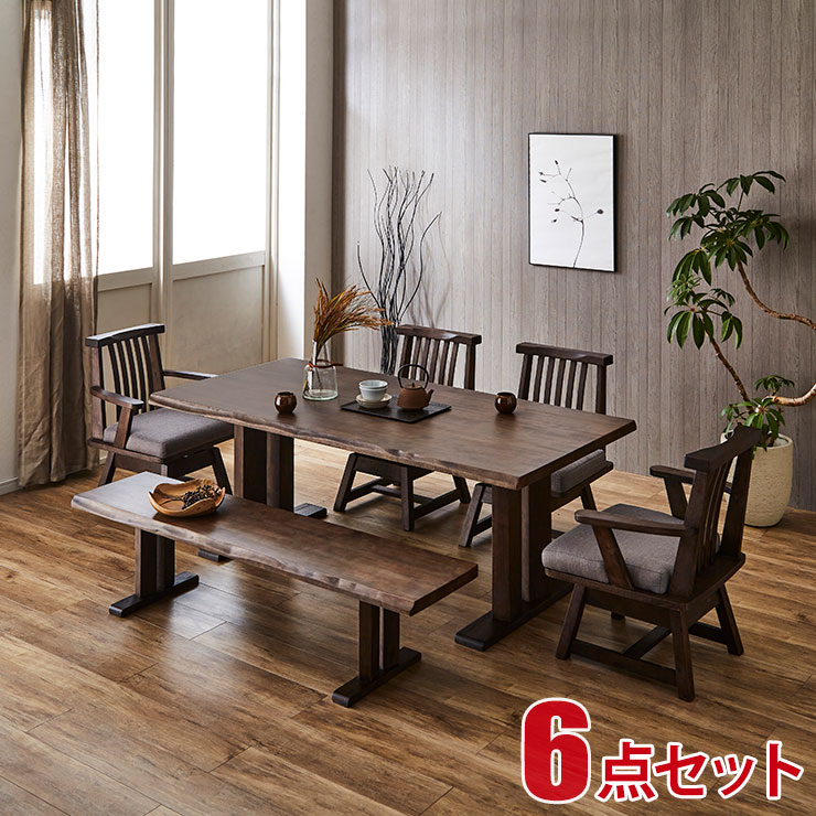 ★10%OFF★ ダイニングテーブル ダイニングセット テーブルセット 海陽 6点セット(幅180テーブル+肘無回転チェア2脚+肘付回転チェア2脚+ベンチ) ブラウン 幅180 ダイニングテーブルセット 一枚板風 無垢 テーブル 食卓 輸入品 98,449円