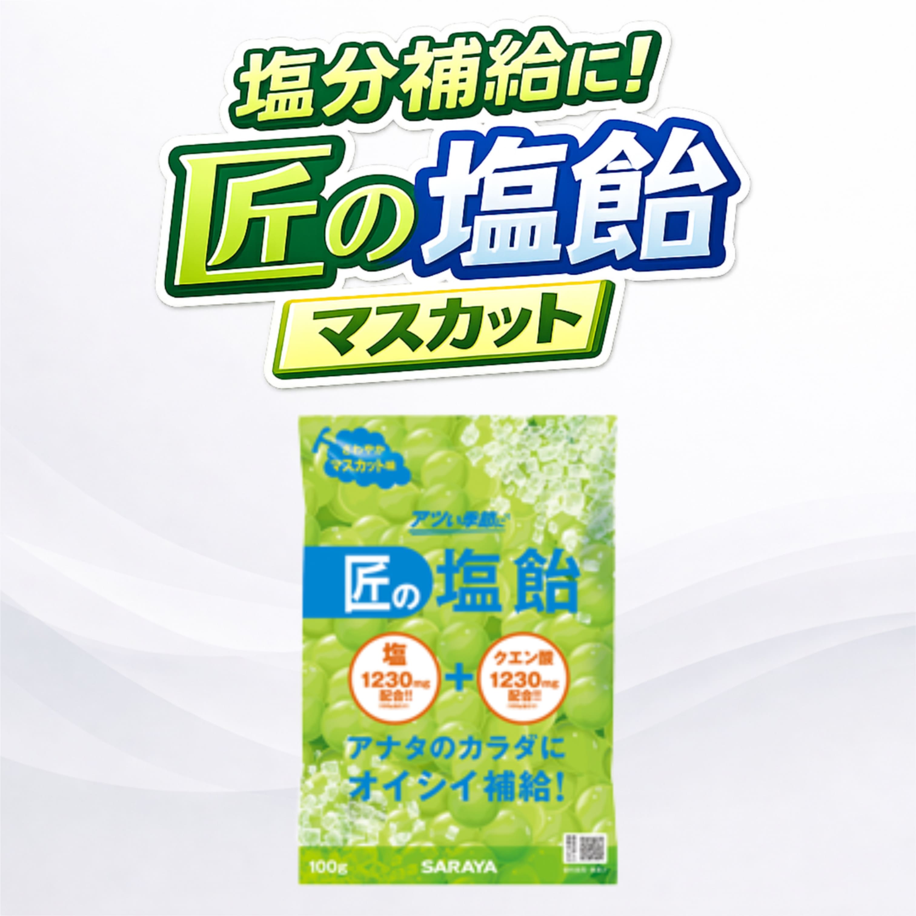夏季限定商品! サラヤ 匠の塩飴 マスカット 100g 塩分補給 熱中症対策 塩飴 個包装 夏対策 塩キャンディ 塩タブレット代替 業務用 持ち運び スポーツ 外作業 暑さ対策 水分補給 サラヤ公式品質 安心 安全 美味しい 塩分チャージ