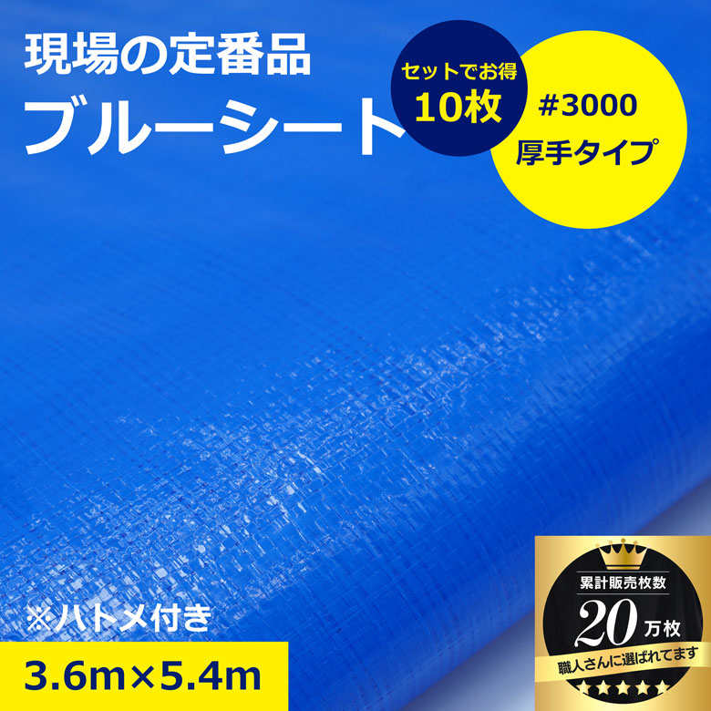 【10枚セット】ブルーシート シート 3.6m × 5.4m #3000 アウトドア 厚手 レジャー 養生シート 防水 作業 イベント 災害 現場 防災 工具 台風 BBQ お花見 ピクニック DIY 台風対策 建築 建設 現場用 建築資材 作業用品 業務用 建設現場 プロ用 作業現場 日建