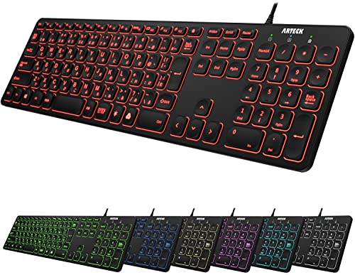 B 有線 ワイヤー キーボード 7色バックライト搭載 明るさ変更 フルサイズ 6フィート（約1.8メートル）コード テンキー付き コンピュータ