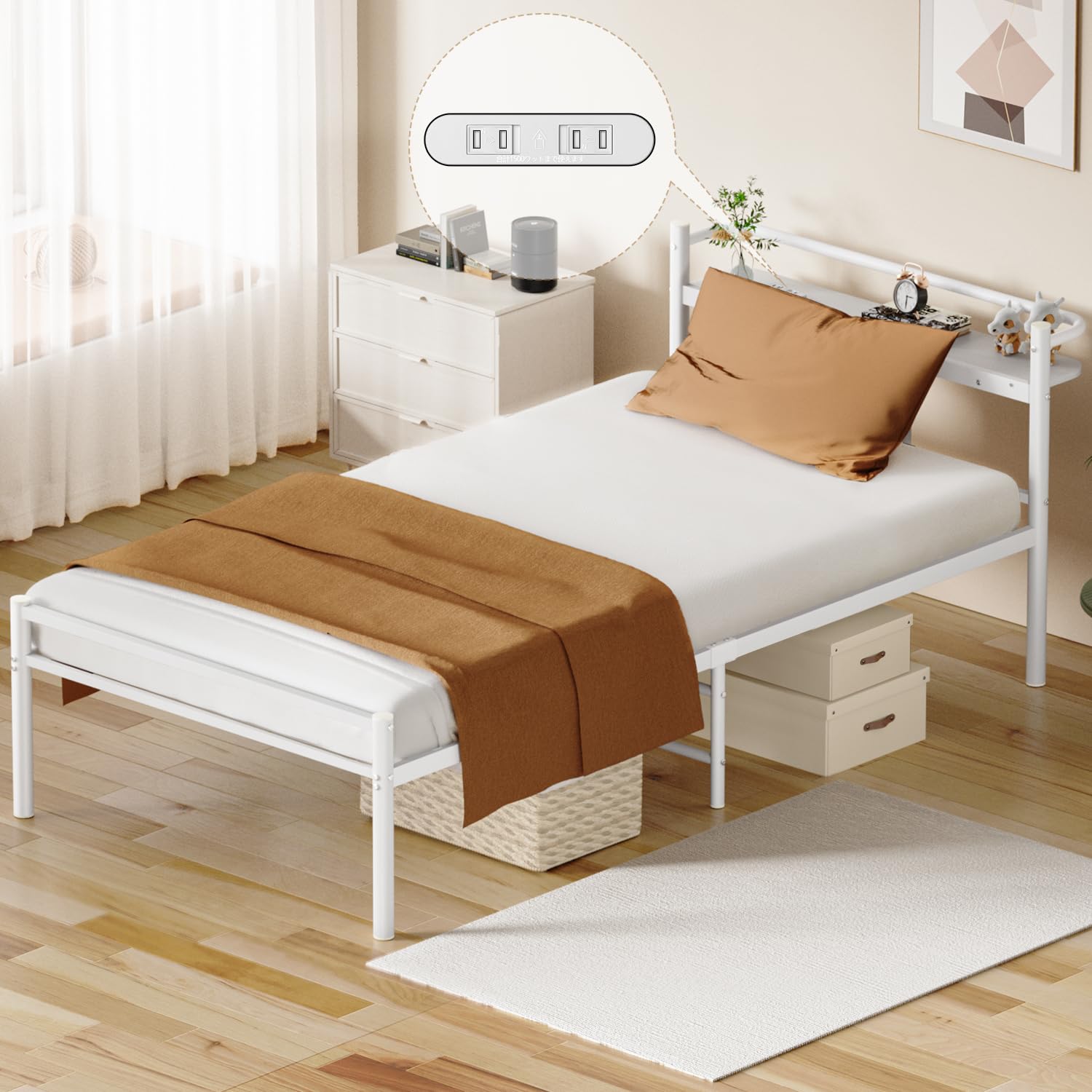 ベッドフレーム シングル 白 Holdm パイプベッド ホワイト コンセント付き 耐荷重300kgベッドフレーム シングル 白 Holdm パイプベッドホワイト