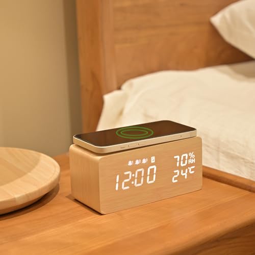 Electime デジタル時計 めざまし時計 置き時計 おしゃれ 携帯充電時計 デジタル 多機能 木目 卓上時計 携帯充電器 Qiワイヤレス充電