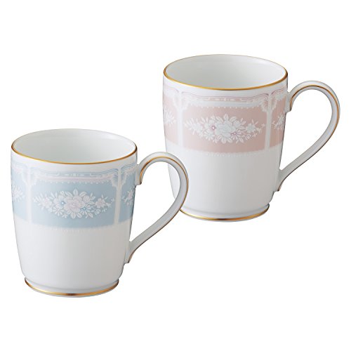 Noritake ノリタケ マグカップ 色変り ペアセット 280cc レースウッドゴールド 2個 ブルー ・ ピンク ファインポーセレン