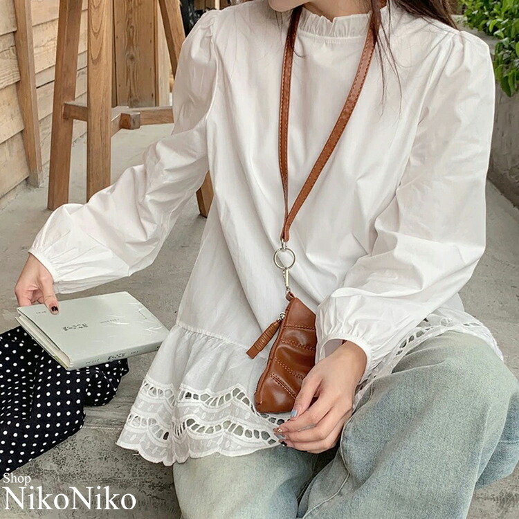 パンチングレース フリルネック チュニックブラウス ma 【即納】トップス カットソー 長袖 シャツ 長袖シャツ ミニワンピース フリル フリル襟 刺繍レース白 レディース 韓国 Y2Kファッション 韓国ストリート 流行り トレンド かわいい