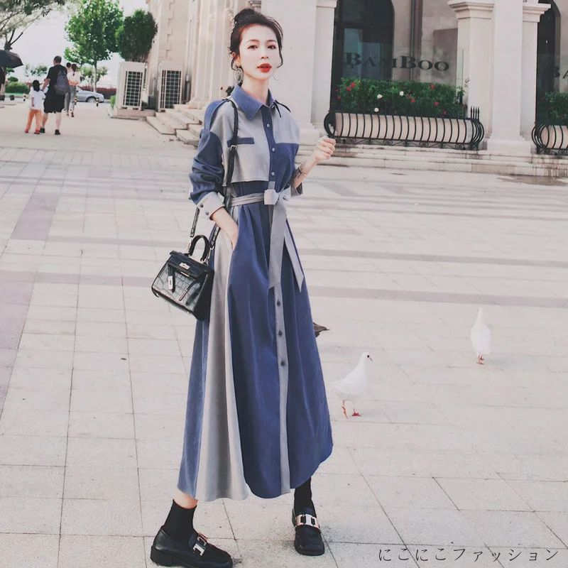 新生活 ワンピース レディース 春 秋服 Aライン ロング キレイめ シャツ 長袖 ワンピース 切り替え 体型カバー 秋 着痩せ おしゃれ 超人気 パーティー 発表会 音楽会 キレイめ カジュアル 韓国風 20代 30代 40代