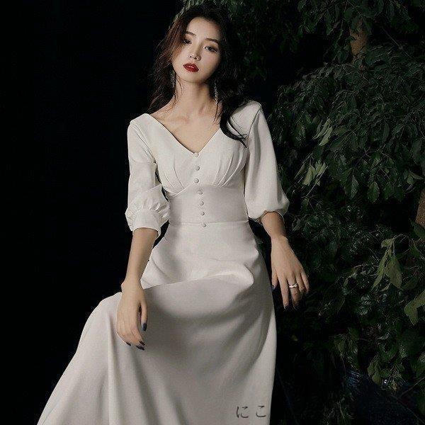 春パーティードレス 姫系 セクシーV襟 露背 花嫁ロングドレス お呼ばれ 結婚式 誕生日 二次会 エレガント 演奏会 卒業式 挙式