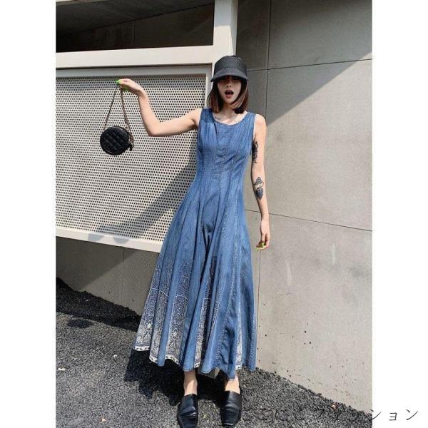新生活 デニム ロングワンピース 大きいサイズ Aライン 刺繍 ロング丈 3L 4L レディース カジュアル ノースリデニム ワンピース 夏 フレアスカート マキシワンピース