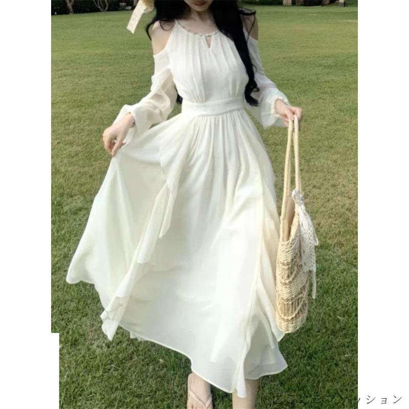 レディース ロングドレス 袖あり 体型カバー 二次会 白ワンピース マキシワンピース vネック フレア 大人 カジュアル 細身 夏 裏地付き ホワイト 藤色 S/M/L｜にこにこファッション