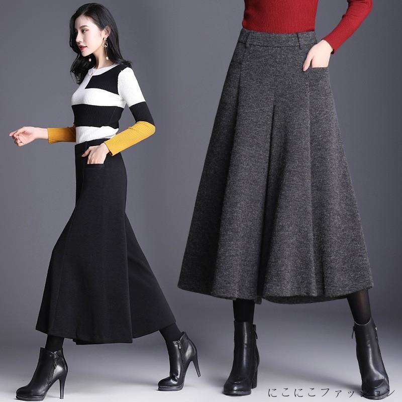 新生活 レディース ダッフル ワイドパンツ フレア ロング丈 女性用 ガウチョパンツ 無地 9分丈 秋冬キュロット 厚手パンツ ボトムス