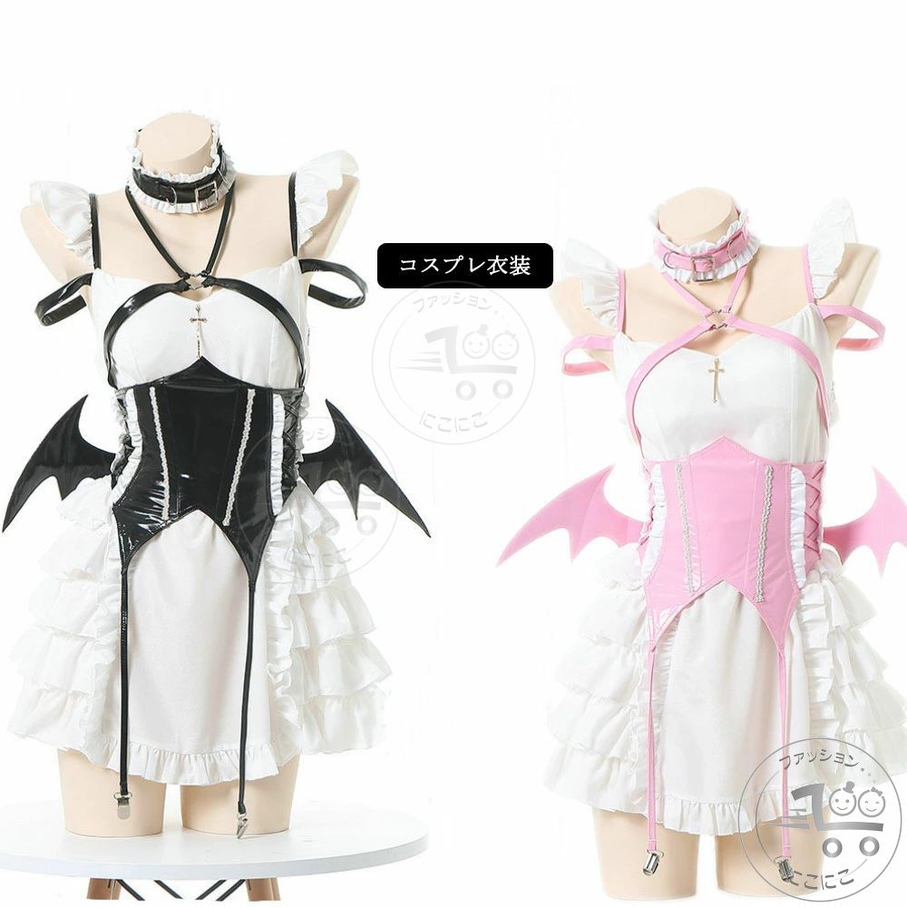 メイド コスプレ衣装 コスチュームワンピース ロリータ衣装 半袖 メイド服 大人 女装 仮装 変装 ハロウィン 衣装 エプロン ウェイトレス 裾フリル ストライプ リボン ピンク COS 悪魔 lolita ロリータ メイド服 COSPLAY 萌え萌え