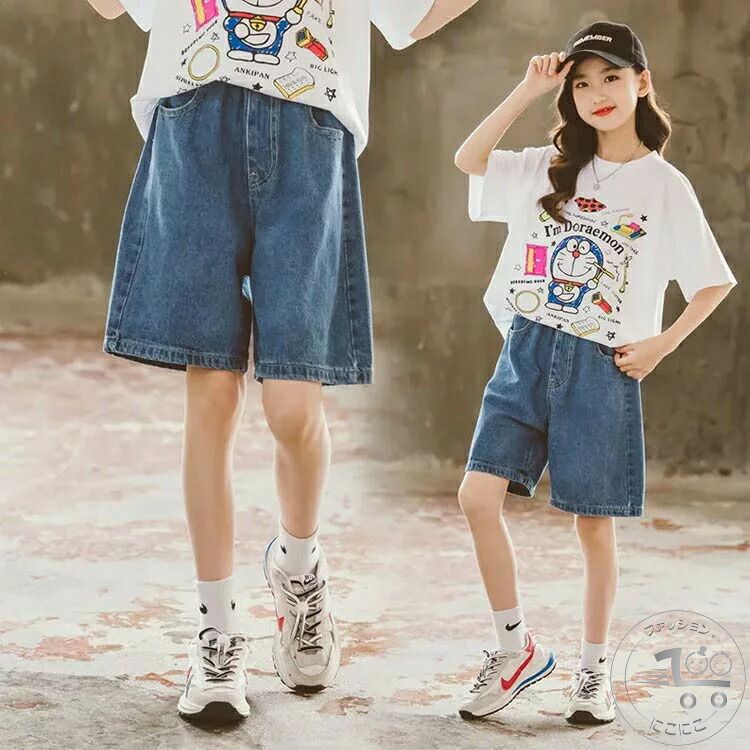 新生活 ハーフパンツ デニムパンツ 子供 女の子 デニムハーフパンツ 5分丈 半ズボン キッズ 膝丈 ストレートパンツ ワイドパンツ 薄手 子供服 子ども服 ジュニア こども服 ジーパン ジーンズ 夏 夏服 春服 おしゃれ カジュアル