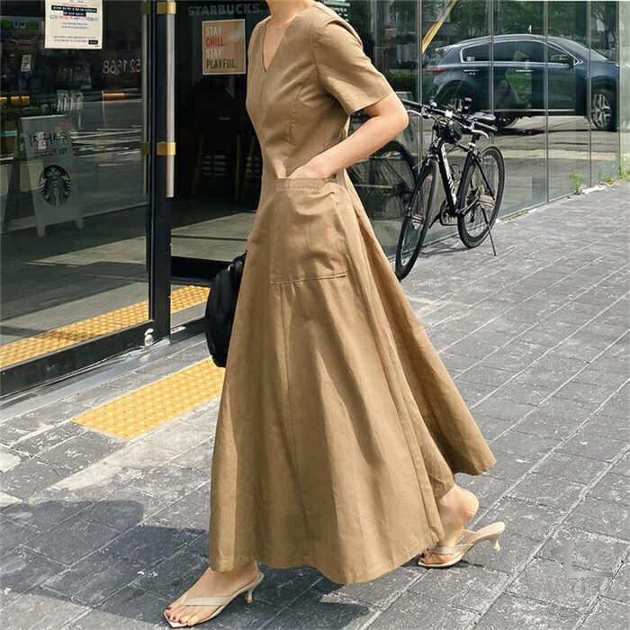 新生活 ワンピース 春 レディース きれいめ マキシワンピース　ロング ワンピース ワンピ レディース ロング丈 ワンピース Vネック 半袖 通勤 OL aライン Aライン ゆったり 体型カバー 着痩せ おしゃれ シンプル 20代 30代｜にこにこファッション