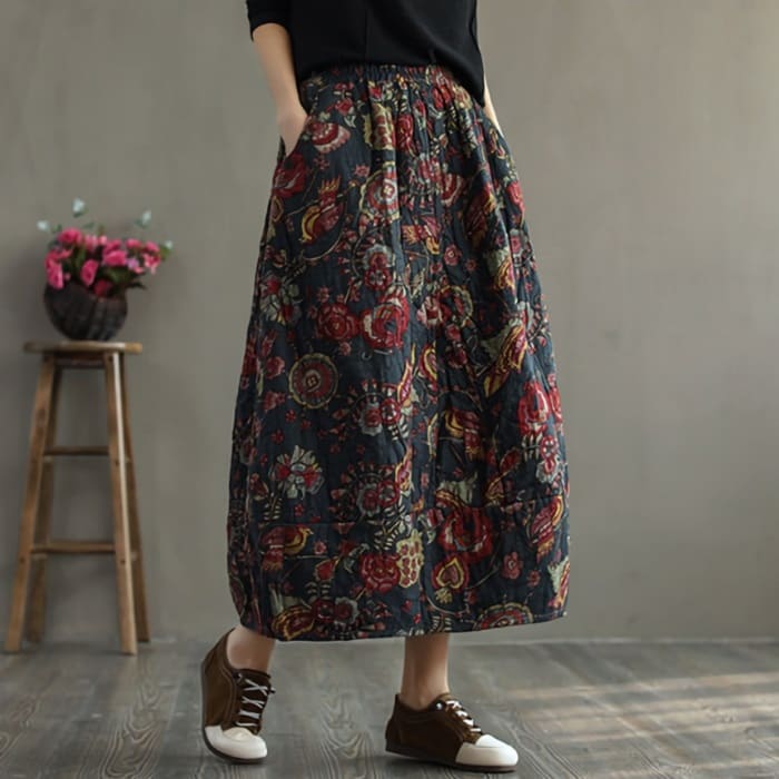 冬 ママ 60代 体型カバー シニア レディース 50代 服 秋 12889 母 ゆったり おしゃれ 40代 バルーン ボトムス フラワープリント スカート 春