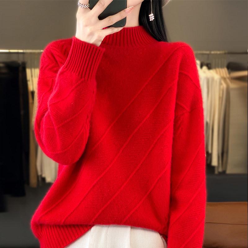 タートルネック 上品カジュアル 春 きれいめ コーデ カワイイ ハーフ ボトム 婦人服 オシャレ シンプル 赤 セーター ファッション ニット ナチュラル レディース