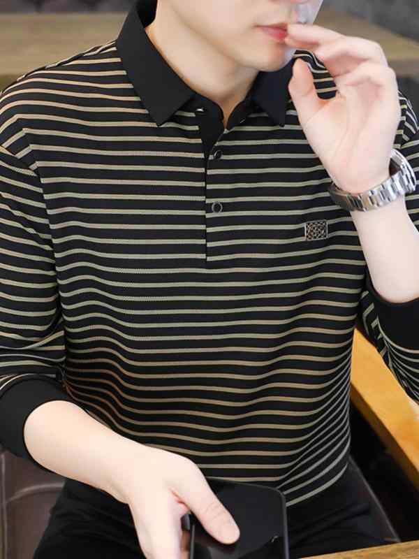縞模様 プルオーバー メンズ スポーツシャツ 流汗 ゆったり 秋 分かりやすい 成年者 襟 冬コーデ 流行り物 服 表どおり ティーシャツ オシャレ  かっこいい 相応う 成人男性用 長袖 その他-メンズファッション