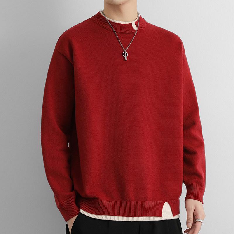 フェイクツーピース かっこいい メンズ 大人 オシャレ 男性用 冬コーデ ウェア シンプル 服 ファッション ミッドネックインナー セーター ストリート ニット 赤 ベースレイヤー セミハイネック 6,224円