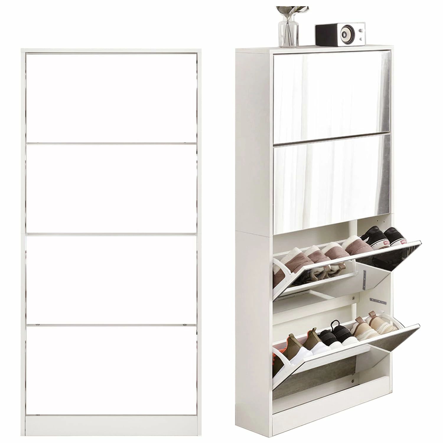 防塵 (白いこと) rack か細い シューズ仕合わせ shoes 部屋の入り口納める サボ箱 靴箱 靴納める仕合わせ 4段 体制鏡 薄型 扉付き添い人 シューズ押し入れ 大静電容量 鏡鑑付き添い人 今めかしい 木製 省間隔文字