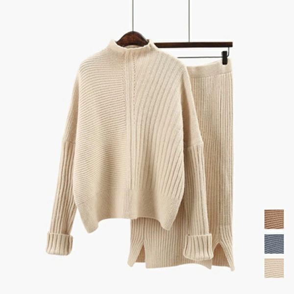 厚手 2点セット ニットセットアップ 通勤 リブニット おしゃれ ワイドパンツ ハイネック ゆったり ケーブル編み 着痩せ 秋冬 ドロップショルダー OL レディース セーター ボトルネック ロングパンツ パンツスーツ