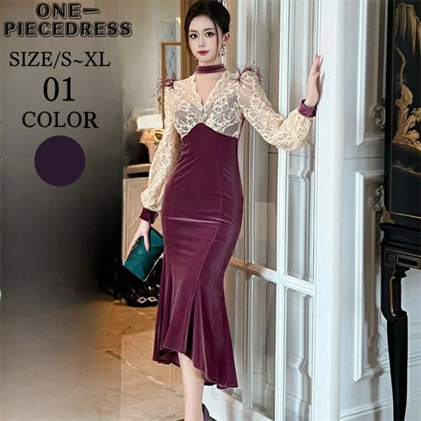 胸パット付き 服 ベルベットロングドレス セクシー上品 パーティー ナイトドレス レディース 20代 結婚式 きれいめ ドレス 長袖 姫系 スナック フォーマルドレス 韓国 40代 パーティードレス 秋冬 おしゃれ 30代 お水 大人 パープル キャバ タイトワンピース｜ニコニコマート