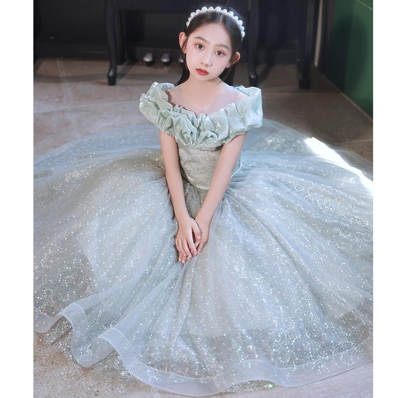 子供ドレス グリーン ピアノ発表会ドレス ロングドレス オフショルダー パール 可愛い 演奏会ドレス シャンパン色 女児ドレス ピアノ発表会 コンクール キッズドレス フォーマル 100~160cm