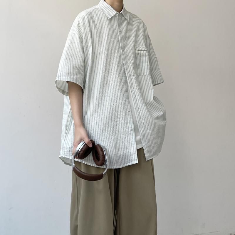 コットンシャツ 韓国 ストライプシャツ 秋冬 グリーン モテ ハイエンド ファッション 半袖 かっこいい 夏 紳士服 大人 メンズ 服 メンズ 春夏 レトロ オシャレ 男性用 シンプル
