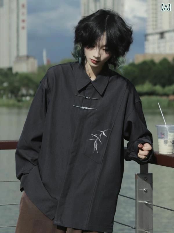 ボタン ワン 秋冬 服 シンプル シャツ 韓国 春夏 オシャレ 中華風 紳士服 レトロ 新 刺繍 かっこいい ファッション 大人 シャツ メンズ 男性用 モテ 長袖｜ニコニコマート