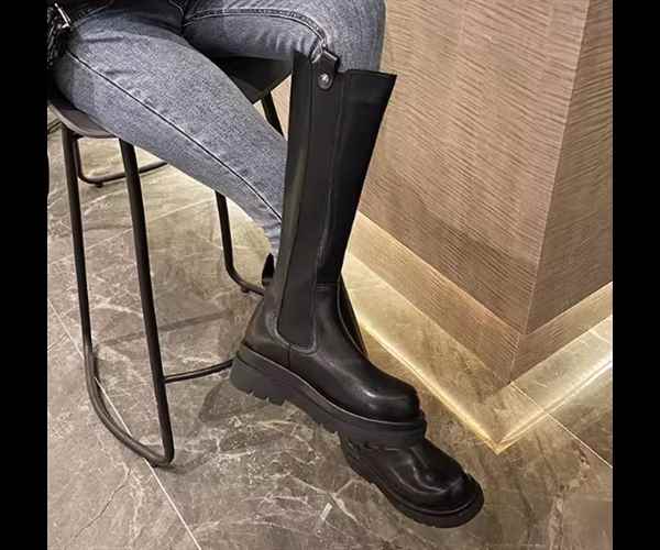 き 大人可愛い PU バックファスナー スリーブ ラウンドトゥ 5.5cm ミドルヒール マーティンブーツ ニーハイブーツ ロングブーツ