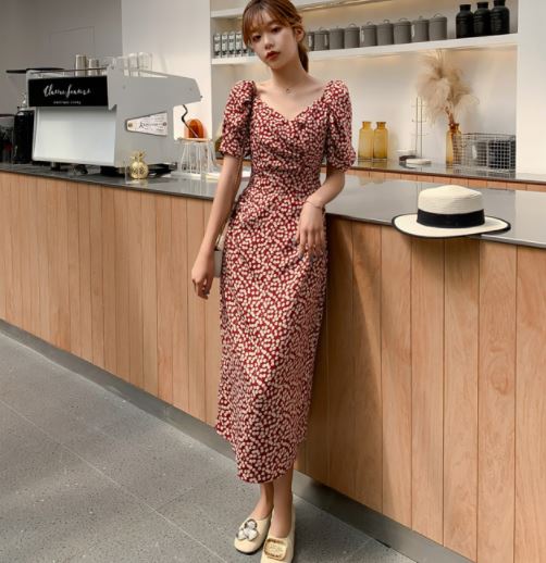 ロングきれいめワンピース きれいめ マキシ丈 ガーリー スリット 半袖 レディース 30代 フェミニン ファッション レディース 清楚 チェリー柄 Ｉライン ロング丈 カジュアル 大人可愛い
