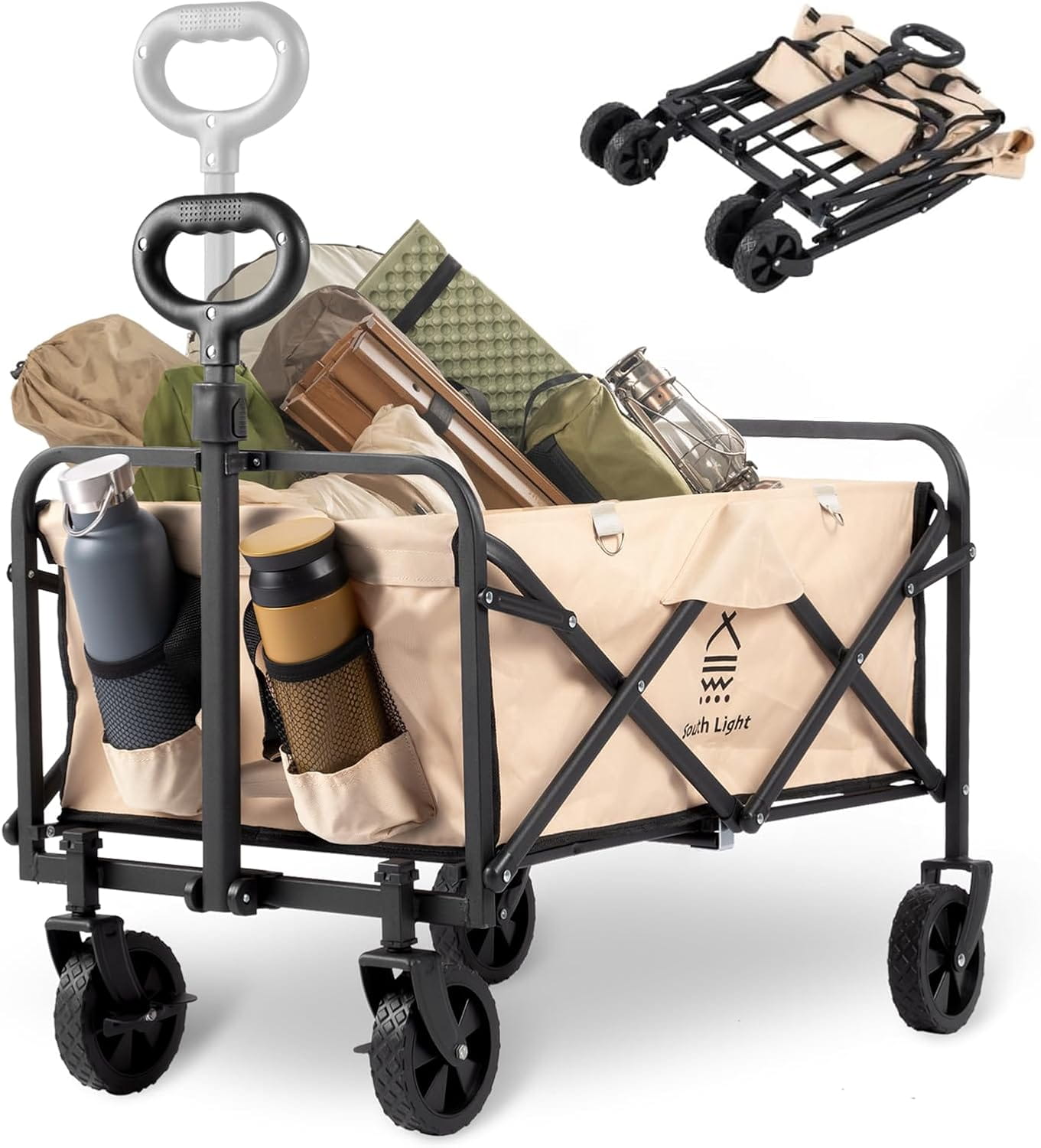 引っ越し 収納ポケット付き ビーチ キャンプ用品 釣り キャリー（カーキ） カート 荷物運び 買い物 大容量 【容量58L・コンパクト収納】 持ち運び便利 軽量 レジャー キャリーワゴン 折りたたみ キャンプカート キャンプ ミニ 運動会 BBQ ワゴン