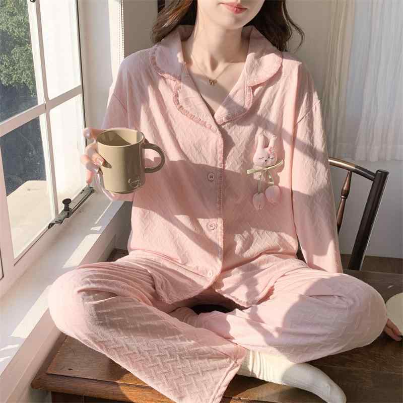 部屋着 かわいい XXL ゆったり 保温 黄色 襟付き 上下セット 快適 紫 ルームウェア 春秋 提花 綿 長袖 杏白 ピンク L パジャマ 寝巻き XL M ニット リラックス レディース